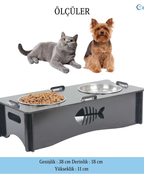 Ahşap Kedi Mama Kabı Standı Premium Boyalı Paslanmaz Çelik Kaseli Balıklı Model